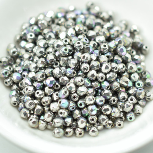 100 Beads - Fire Polished Faceted 3mm - Crystal Glittery Argentic - Czech Glass