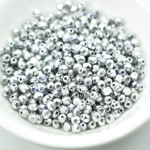 100 Beads - Fire Polished Faceted 3mm - Crystal Glittery Silver - Czech Glass