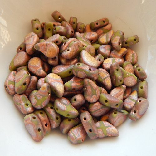 Paisley Duo (30 beads) Two Hole Opq Green Full Capri Gold Matte Batik Czech Glass
