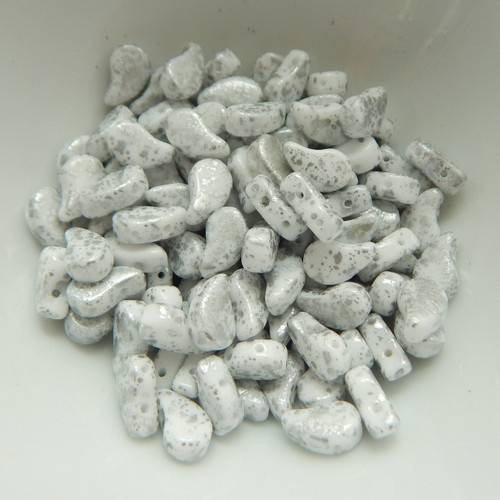 30 Beads - Paisley Duo Two Hole Chalk Silver Splash Czech Glass