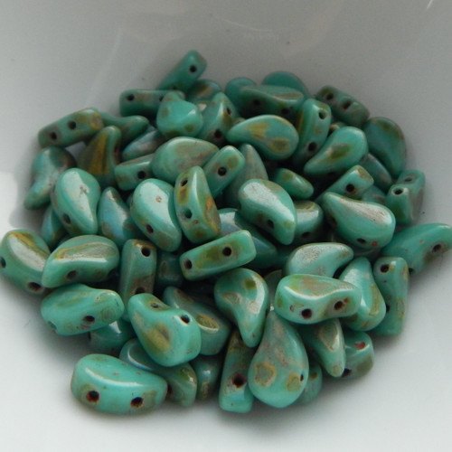 30 Beads - Paisley Duo Two Hole Opaque Green Turquoise Travertine Pressed Czech Glass