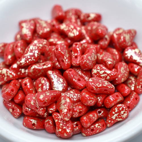 30 Beads - Paisley Duo Two Hole Opaque Red Gold Splash Czech Glass