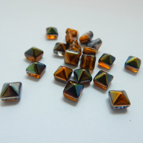 12 Beads - 8mm Pyramid Beadstud 2-Hole Magic Amber Czech Glass