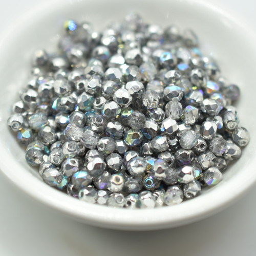 50 Beads - Fire Polished 4mm - Crystal Silver Rainbow - Czech Glass