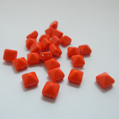 12 Beads - 8mm Pyramid Beadstud 2-Hole Orange Coral - Czech Glass