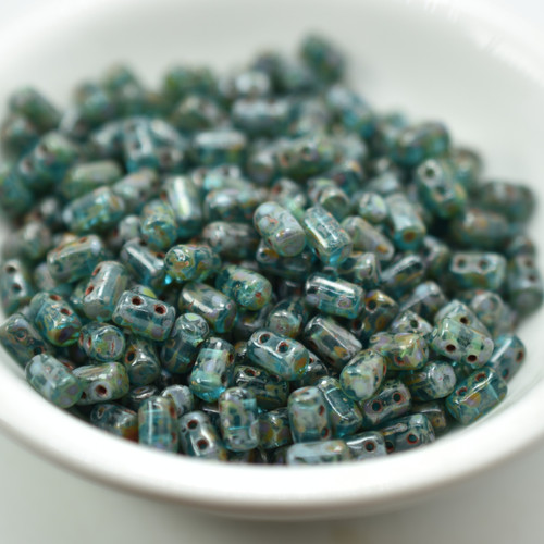 3x5mm Rulla, Aquamarine Travertin 2-Hole, 50 Beads, Czech Glass