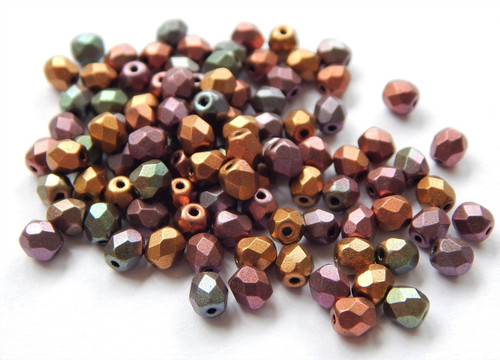 100 Beads - Firepolish 4mm Matte Metallic Purple Iris Gold Czech Glass Beads
