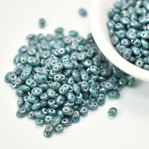 2x5mm SuperDuo Beads - Green Turquoise Nebula - 10 grams Czech Glass