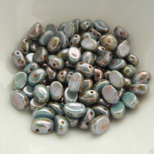 Samos® par Puca® (20 beads) 2-Hole 7x5mm Oval Blu Green Ceramic Look Czech Glass
