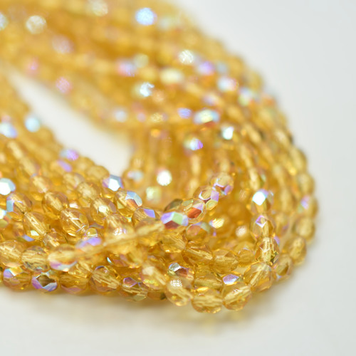 50 Beads - Fire Polished 4mm - Transparent Topaz AB - Czech Glass