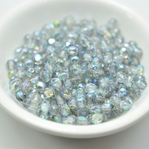 50 Beads - Fire Polished 4mm - Crystal Blue Rainbow - Czech Glass