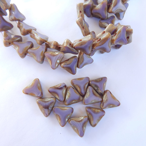 6 Beads - 13mm Triangle Table Cut 2-Hole, Light Purple Picasso, Czech Glass