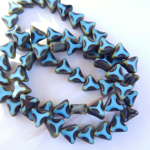 6 Beads - 13mm Triangle Table Cut, Light Blue Turquoise Picasso, Czech Glass, Single Hole