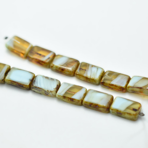 8x10mm Table Cut Rectangle Topaz Turquoise Picasso, 12 Beads Czech Glass
