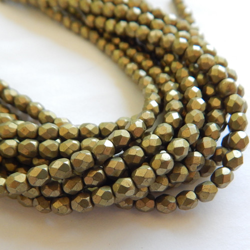 50 Beads - 4mm Fire Polished Round Saturated Metallic Golden Lime Czech Glass