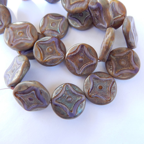 2 Beads - 21mm Coin Twinkle Diamond Center, Table Cut, Purple Picasso, Czech Glass