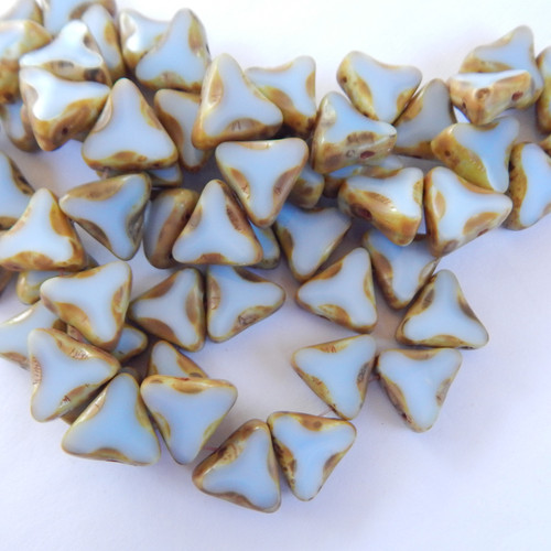 6 Beads - 13mm Triangle Table Cut 2-Hole, Light Blue Picasso, Czech Glass