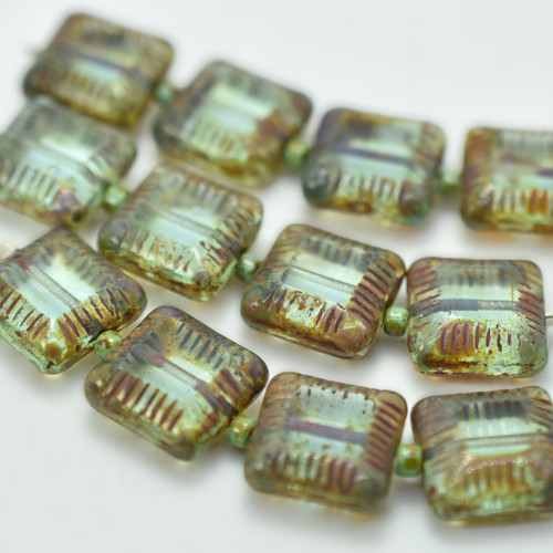 13mm Table Cut Square, Light Sea Green Picasso, 4 Beads, Czech Glass