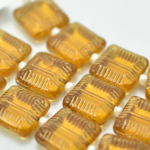 13mm Table Cut Square, Topaz Gold, 4 Beads, Czech Glass