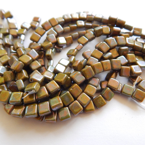 30 Beads - 5mm Mini Tile, 2-Hole - Opaque Green Nebula - Czech Glass