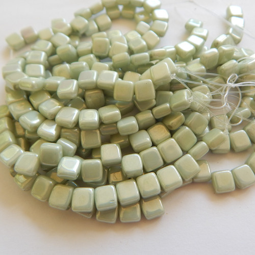 30 Beads -5mm Mini Tile, 2-Hole - Chalk Green Luster - Czech Glass