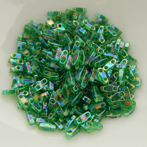 Quarter Tila Two Hole Beads Green AB 5 Grams Miyuki
