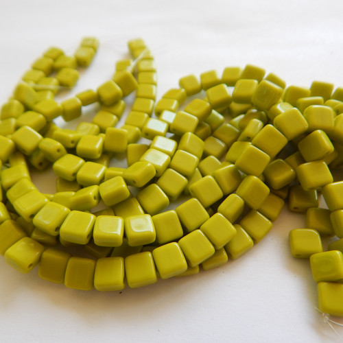30 Beads - 5mm Mini Tile, 2-Hole - Opaque Green - Czech Glass