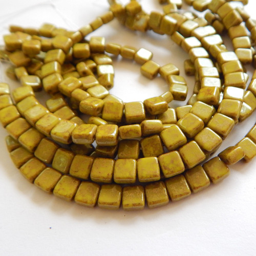 30 Beads - 5mm Mini Tile, 2-Hole - Opaque Green Lumi - Czech Glass