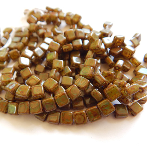 30 Beads - 5mm Mini Tile, 2-Hole - Aqua Opal Dark Travertin - Czech Glass