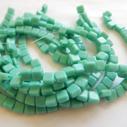 30 Beads - 5mm Mini Tile, 2-Hole - Opaque Turquoise Green - Czech Glass