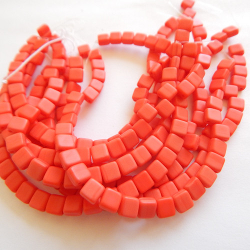 30 Beads - 5mm Mini Tile, 2-Hole - Opaque Coral Matte - Czech Glass
