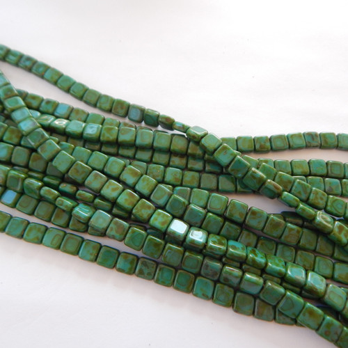 25 Beads - 6mm Tile, 2-Hole - Persian Turquoise Picasso - Czech Glass