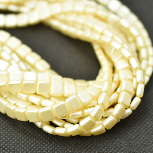 25 Beads - 6mm Tile, 2-Hole - Pearl Coat Cream - Czech Glass