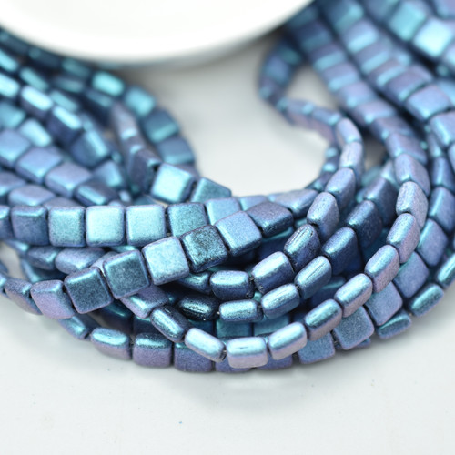 25 Beads - 6mm Tile, 2-Hole - Polychrome Indigo Orchid - Czech Glass