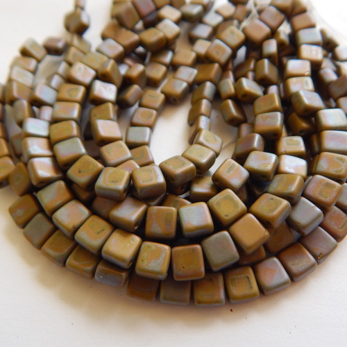 30 Beads - 5mm Mini Tile, 2-Hole - Opaque Green Nebula Matte - Czech Glass