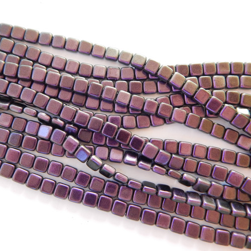 25 Beads - 6mm Tile, 2-Hole - Polychrome Black Currant - Czech Glass