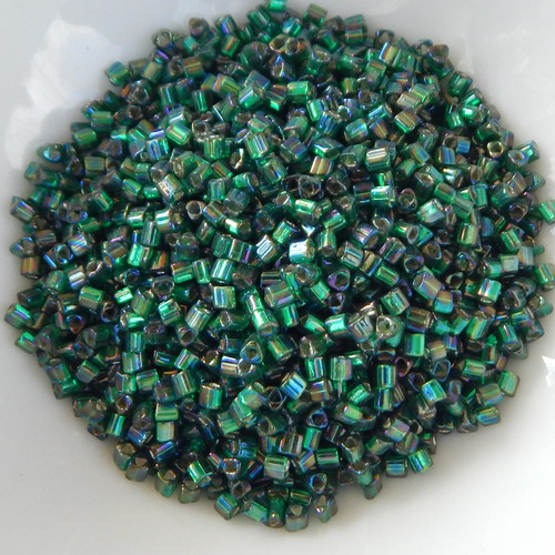11/o TOHO Triangle Seed Beads 20 grams - Silver Lined Green Emerald Rainbow - No. 2036 Glass Beads