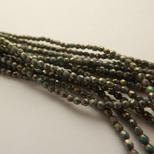 Fire Polished Faceted 2mm (100 beads) Czech Glass Turquoise Bronze Picasso