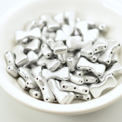 20 Beads - Bow Tie 6x12mm, Aluminum Silver, 3-Hole Czech Glass