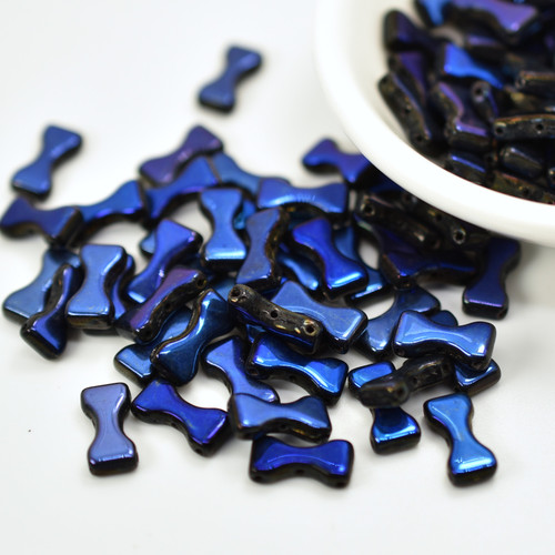 20 Beads - Bow Tie 6x12mm, Jet Azuro, 3-Hole Czech Glass