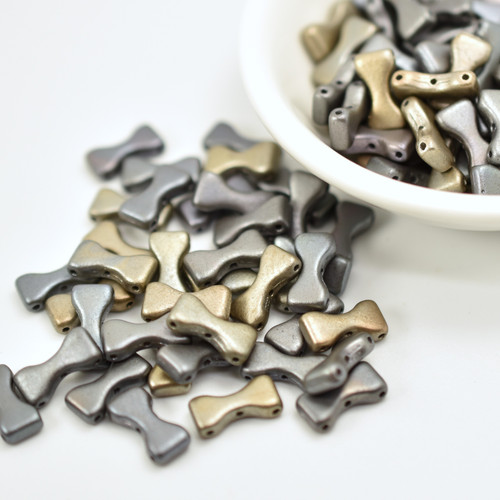 20 Beads - Bow Tie 6x12mm, Grey Rainbow, 3-Hole Czech Glass