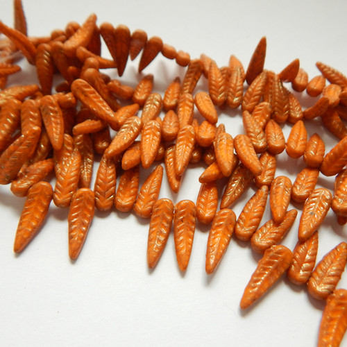 5x17mm Bird Feather Drop Orange Pink Lumi (25 beads) Pressed Czech Glass