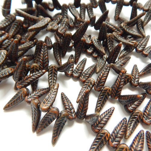 5x17mm Bird Feather Drop Orange Dark Travertin (25 beads) Pressed Czech Glass