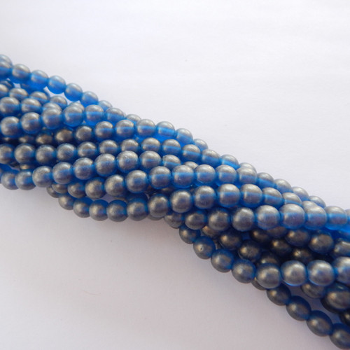 50 Beads - 6mm Druk Rounds Sueded Gold Capri Blue Pressed Czech Glass