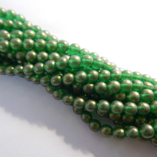 50 Beads - 6mm Druk Rounds Sueded Gold Emerald Pressed Czech Glass