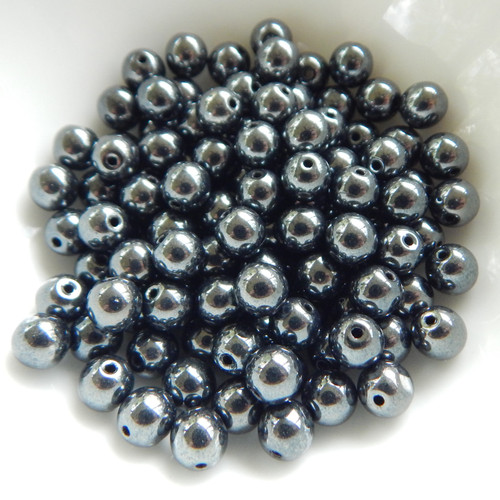 50 Beads - 6mm Druk Rounds Jet Hematite Pressed Czech Glass