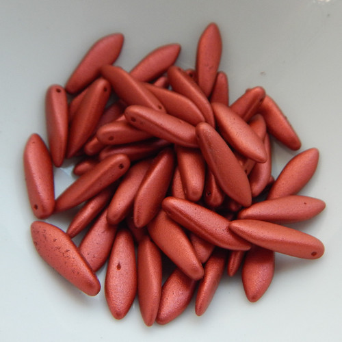 25 Beads - 5x16mm Dagger Matte Lava Red Czech Glass Beads