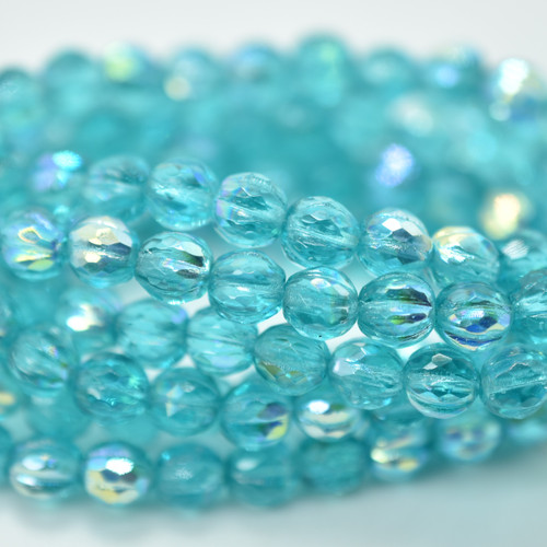 10 Beads - Faceted Melon 6mm - Sky Blue AB - Czech Glass