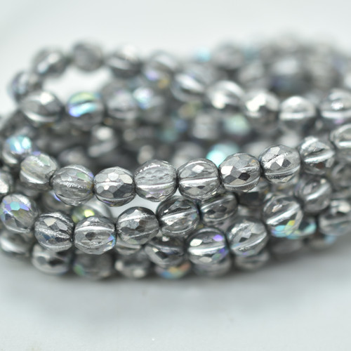 10 Beads - Faceted Melon 6mm - Silver AB, Silver Wash - Czech Glass