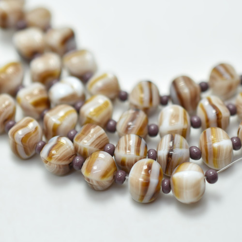 9mm 4-Sided Melon, Brown White Stripe, 10 Beads, Czech Glass
